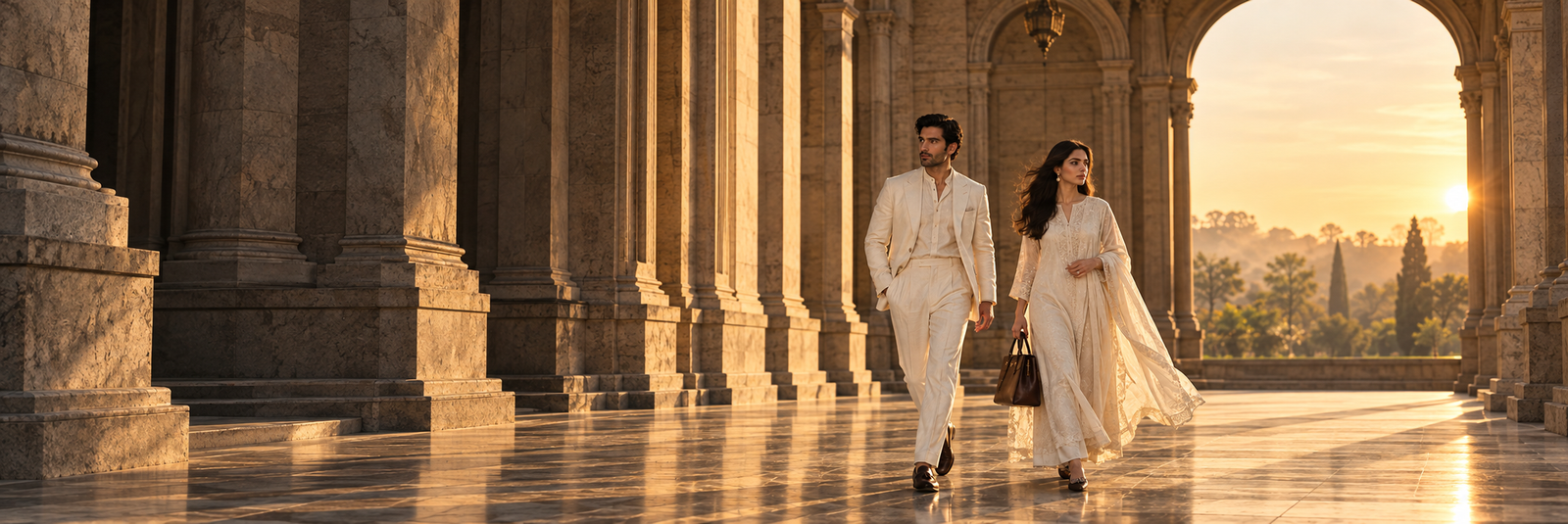 VERA fashion campaign with a man and woman in ivory outfits